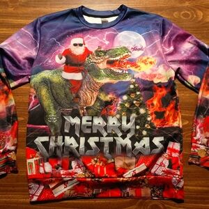 CRAZY CHRISTMAS SWEATER - Medium // Santa T-Rex Video Game Funny Fun Holiday